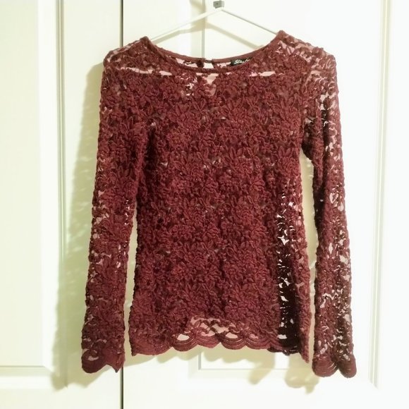 ✨SALE: 3 for $15!✨ Burgundy Lace Long-Sleeve Shirt - Picture 2 of 4
